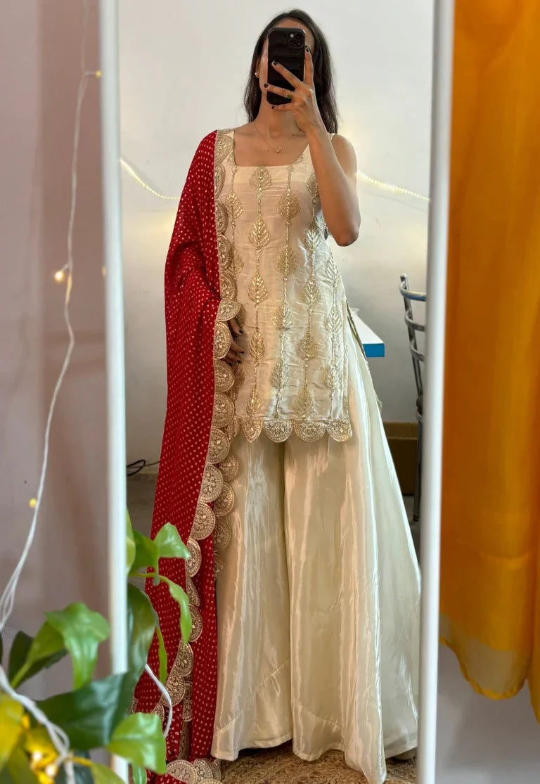 Ivory Embroidered Sharara Set with Red Dupatta