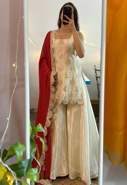 Ivory Embroidered Sharara Set with Red Dupatta