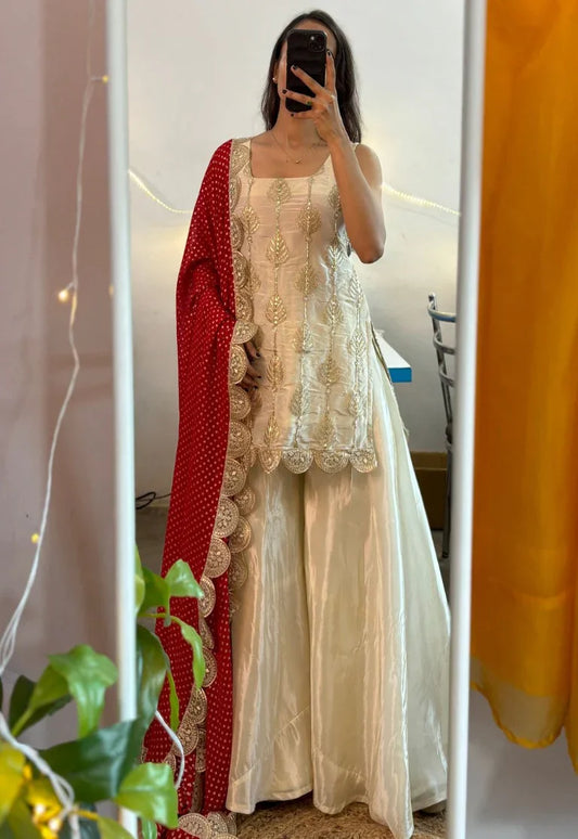 Ivory Embroidered Sharara Set with Red Dupatta
