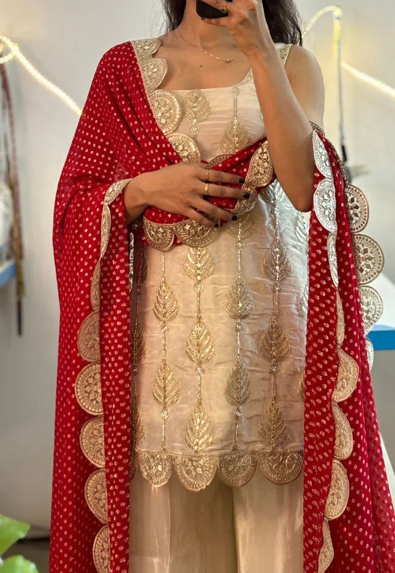 Ivory Embroidered Sharara Set with Red Dupatta