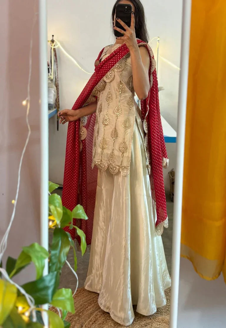 Ivory Embroidered Sharara Set with Red Dupatta