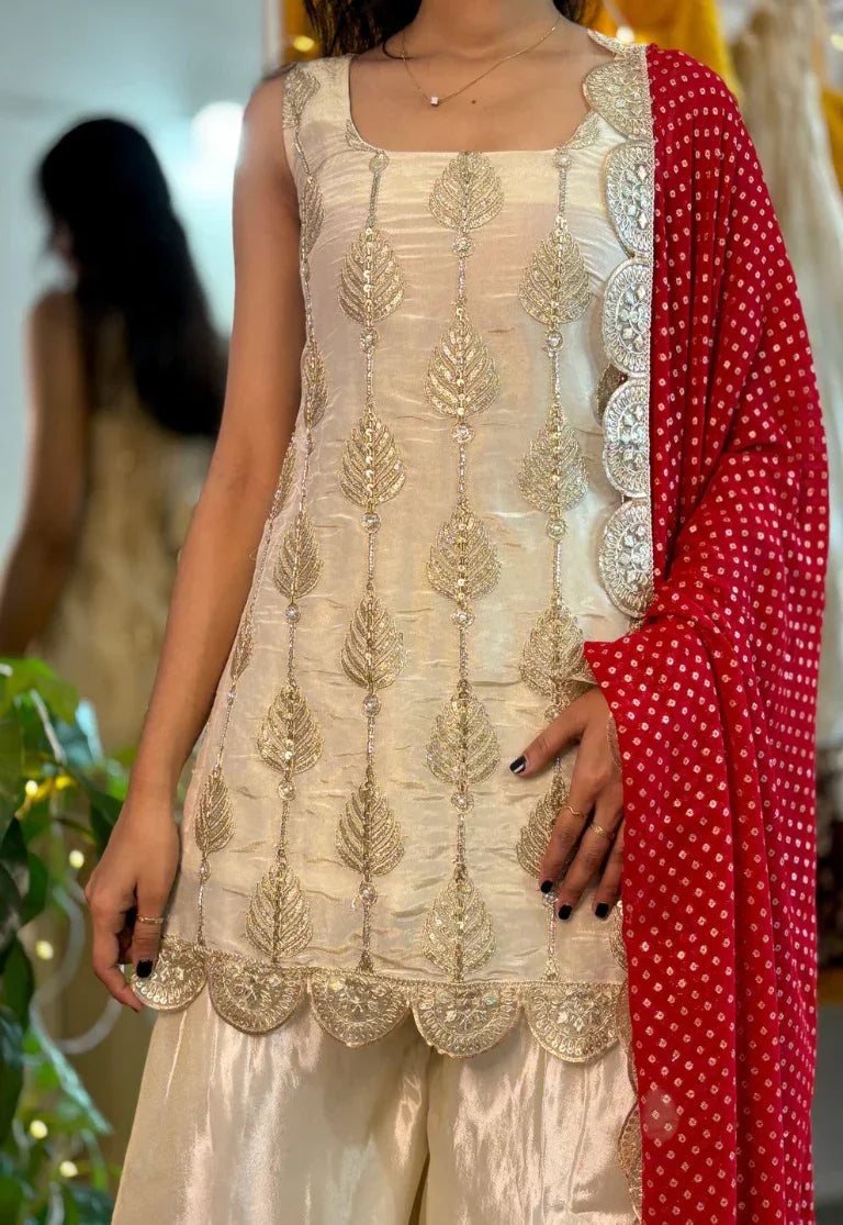 Ivory Embroidered Sharara Set with Red Dupatta