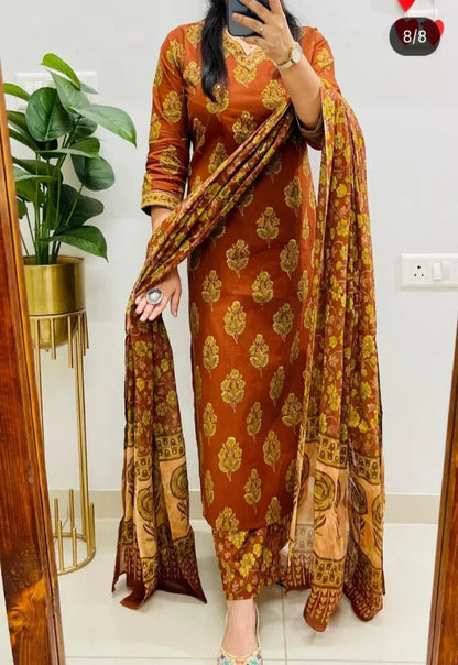 Rust Orange Block Printed Cotton Suit Set