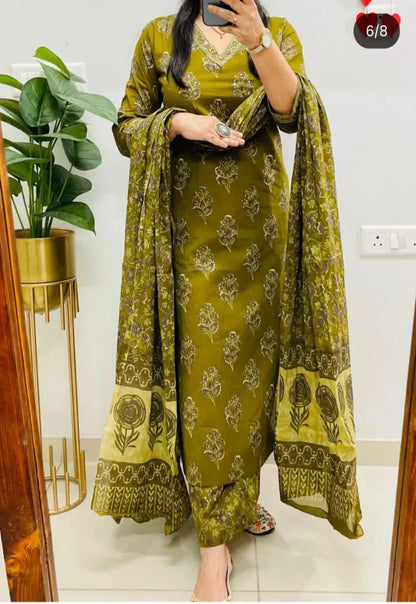 Olive Green Block Printed Cotton Suit Set