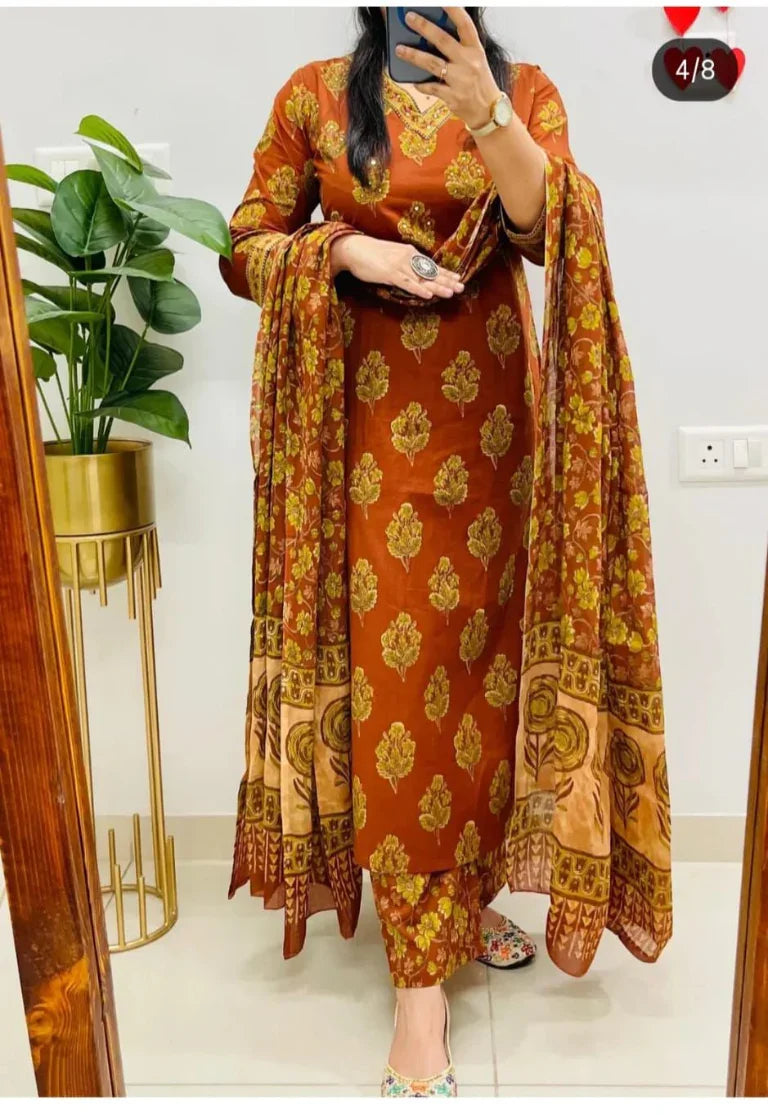 Rust Orange Block Printed Cotton Suit Set