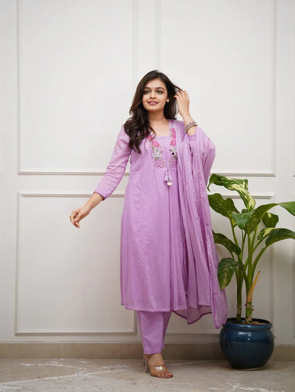 Lavender Embroidered Kurta Set with Dupatta