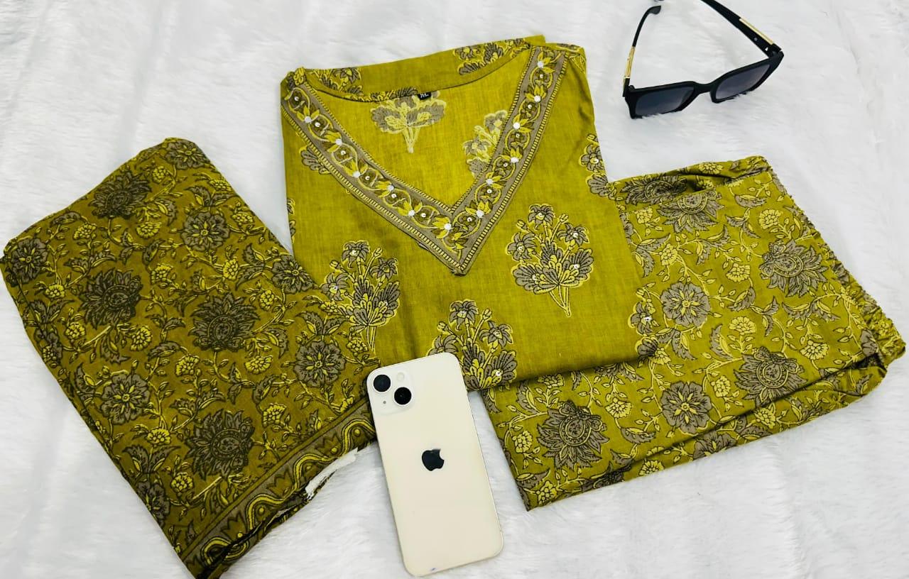 Olive Green Block Printed Cotton Suit Set