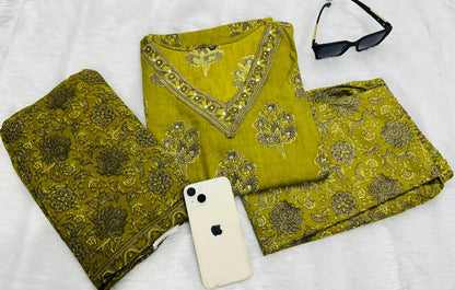 Olive Green Block Printed Cotton Suit Set