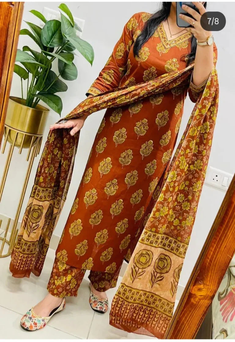 Rust Orange Block Printed Cotton Suit Set