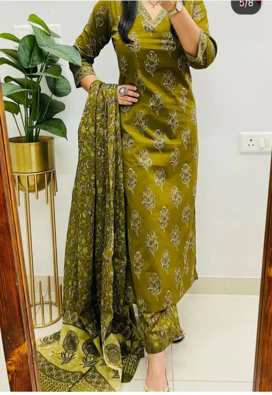 Olive Green Block Printed Cotton Suit Set