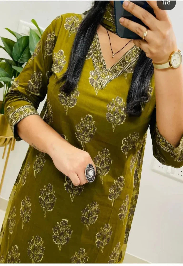 Olive Green Block Printed Cotton Suit Set