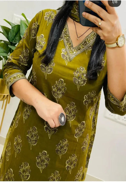 Olive Green Block Printed Cotton Suit Set