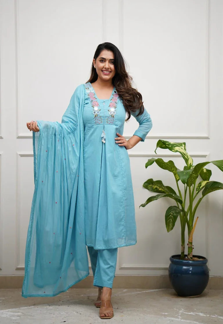 Sky Blue Embroidered Kurta Set with Dupatta