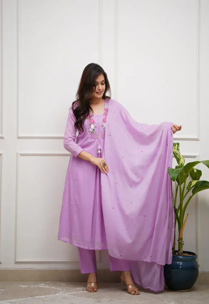 Lavender Embroidered Kurta Set with Dupatta